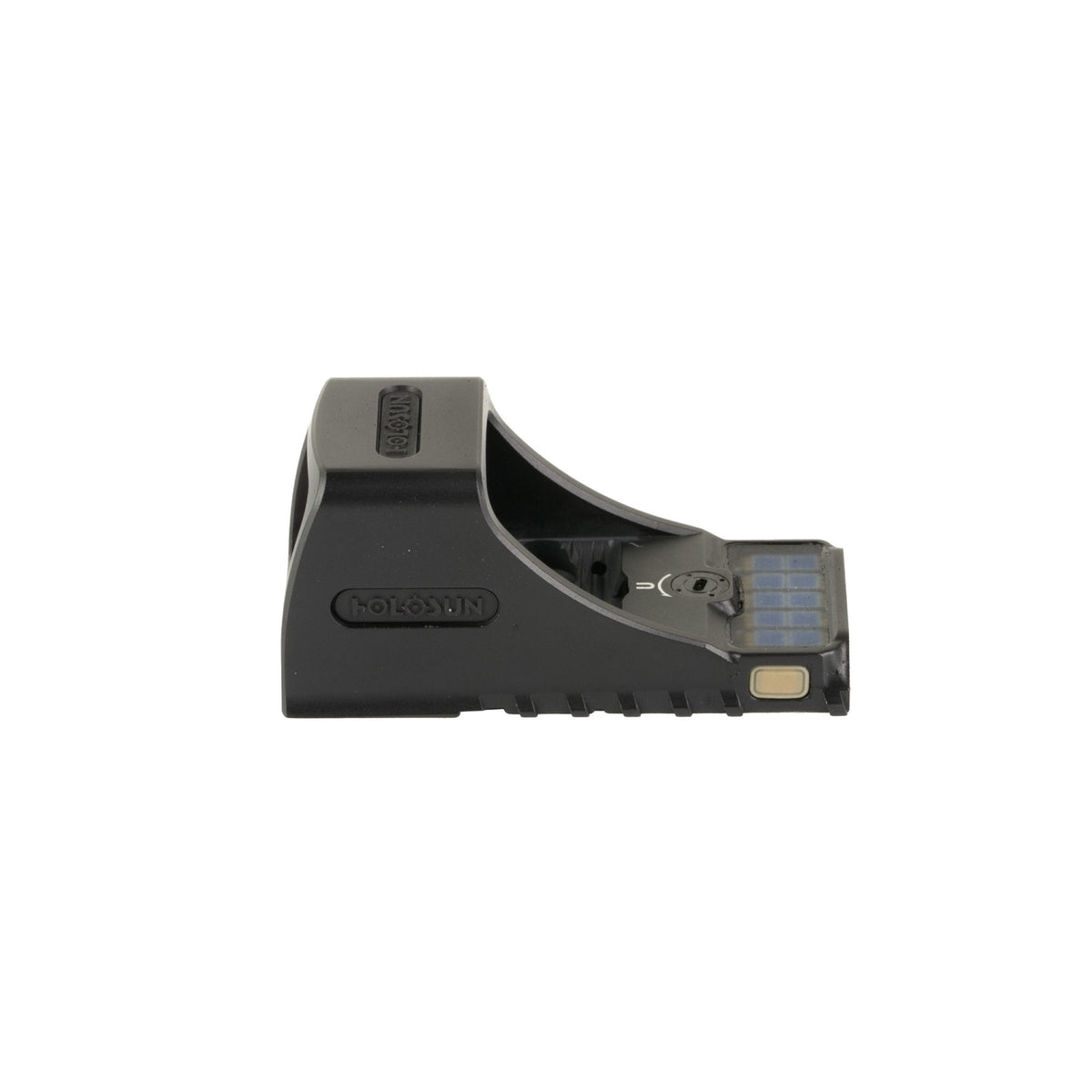 Holosun SCS-P10 green dot sight side view showing the window and housing on a white background