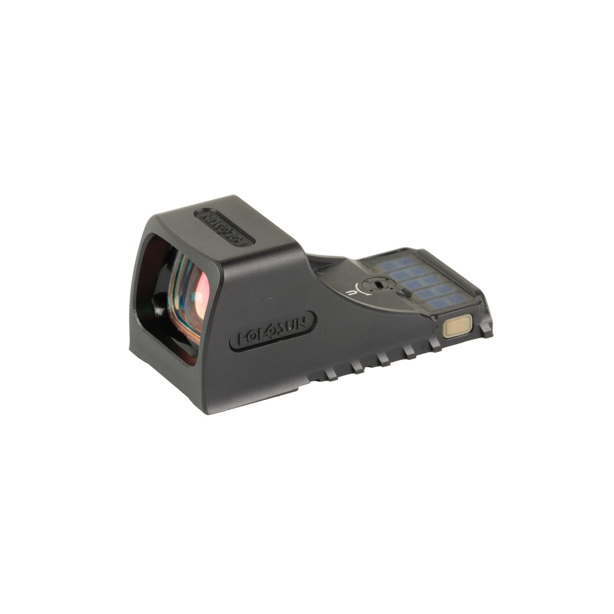Holosun SCS-P10 green dot sight front three-quarter view showing the window and solar panel