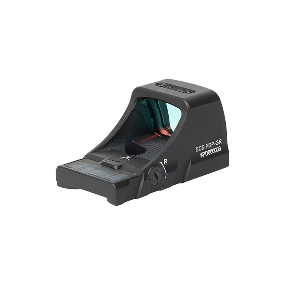 Holosun SCS-PDP green dot sight rear three-quarter view showing the brightness buttons and rear of window