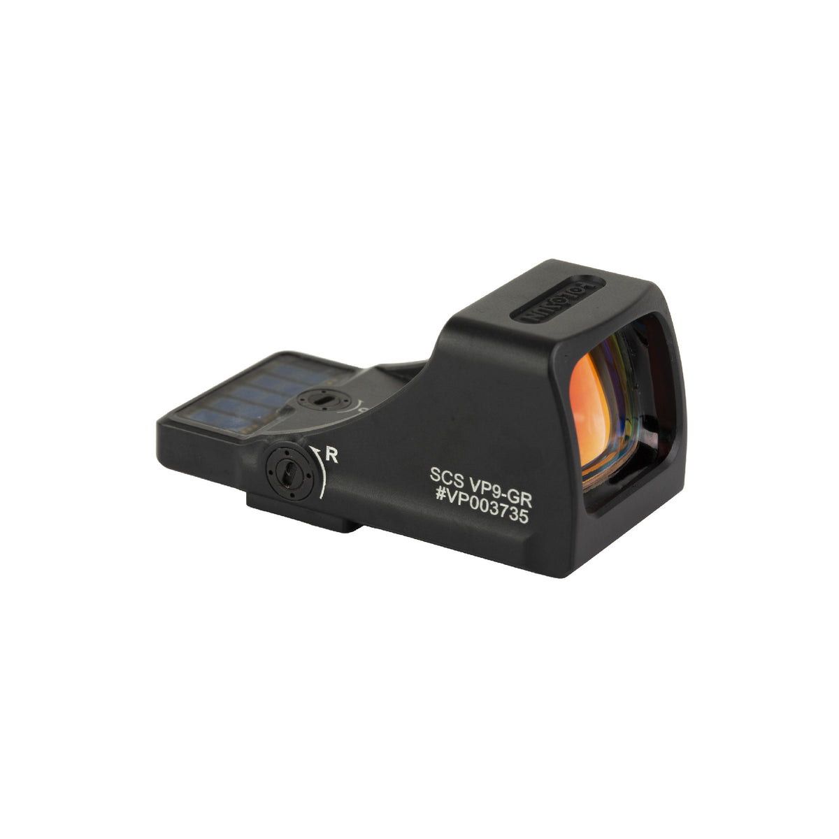 Holosun SCS-VP9 green dot sight front three-quarter view showing the window and orange lens