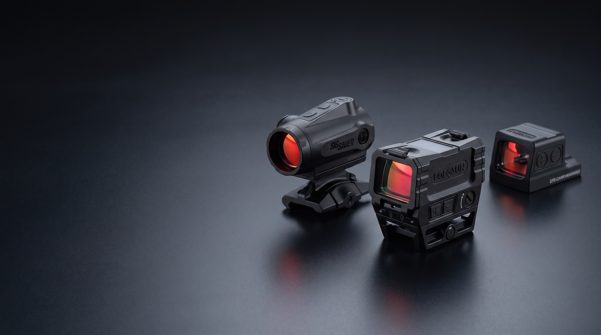 Group of premium red dot sights from leading optics brands on a dark studio backdrop