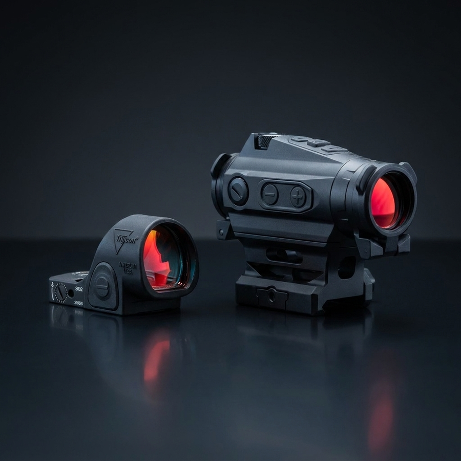 Compact Trijicon SRO pistol red dot sight beside a larger SIG Sauer ROMEO4T rifle red dot sight for scale