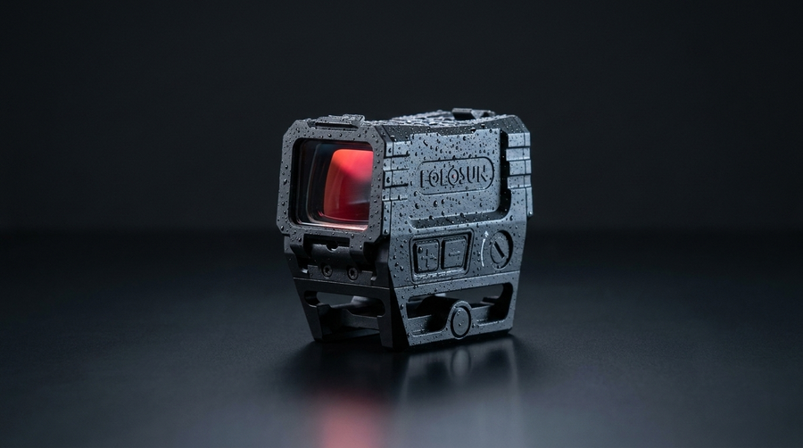 Enclosed sealed-emitter red dot sight beaded with water droplets showing weather sealing