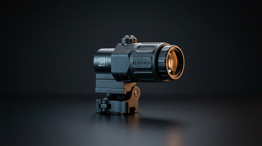 Flip-to-side 3x red dot magnifier with ribbed adjustment collar on a dark polished surface