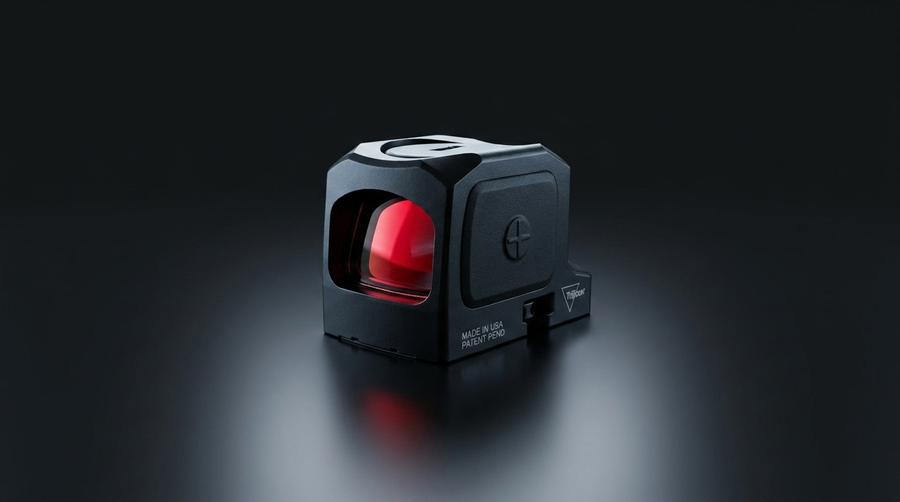 Compact pistol red dot sight on a dark polished surface