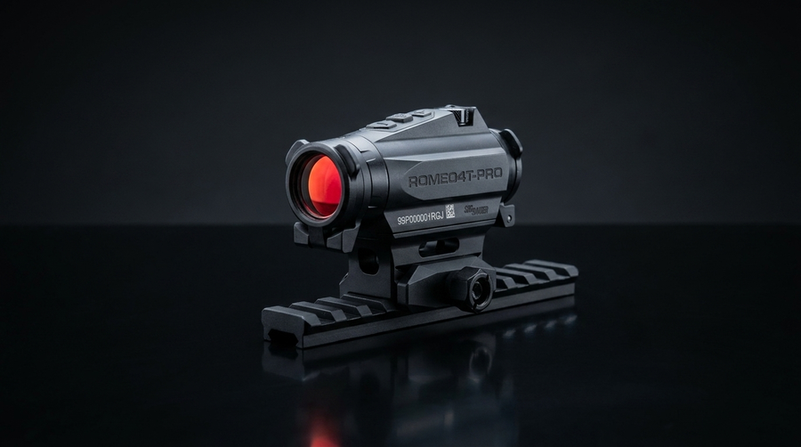 Full-size rifle red dot sight mounted on a section of picatinny rail