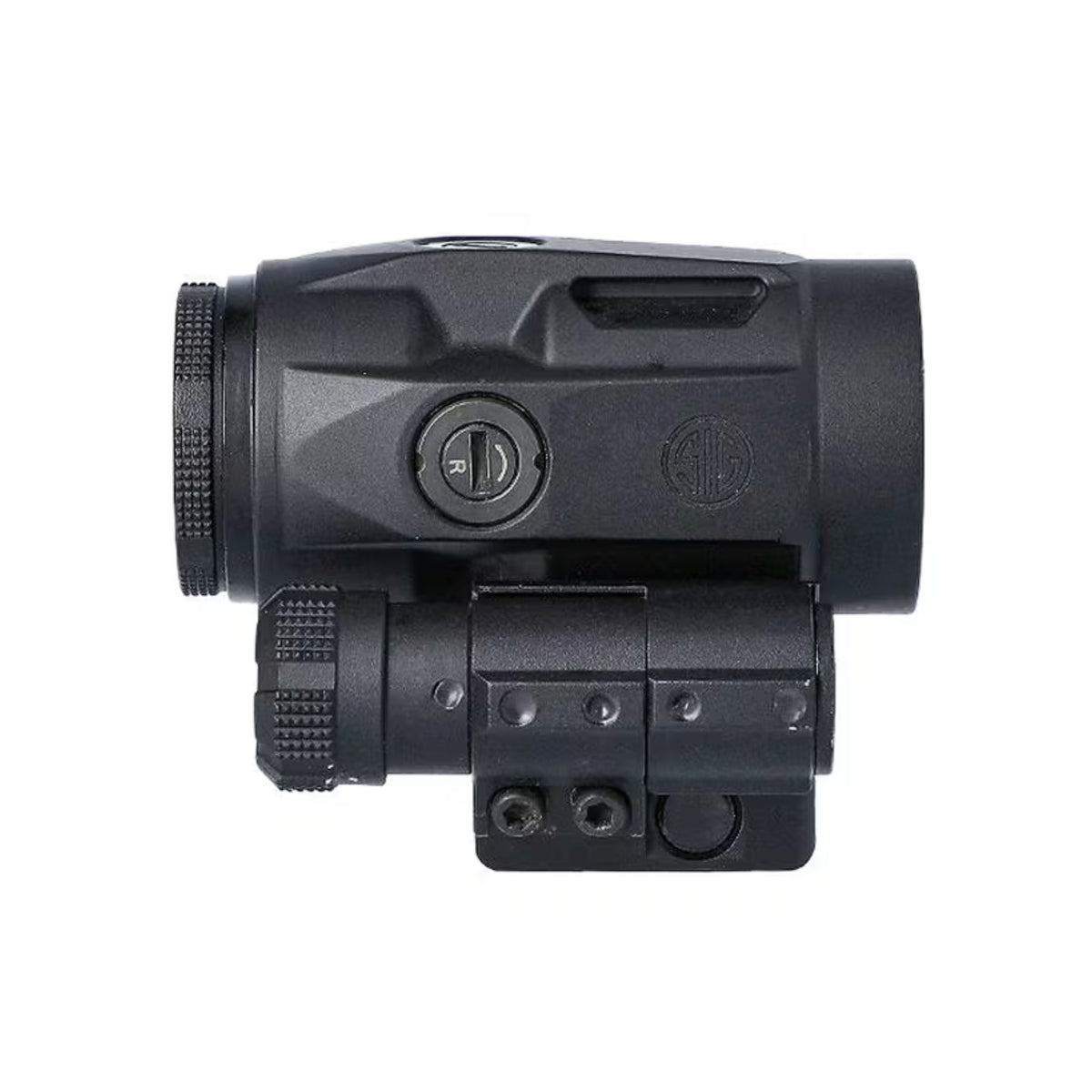 SIG Sauer JULIET3 Micro 3x magnifier side view from the right showing the controls