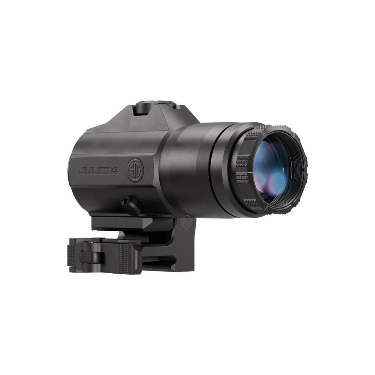 SIG Sauer JULIET4 4x magnifier side view showing the objective lens on the PowerCam mount