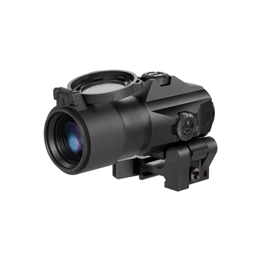 SIG Sauer JULIET4 4x magnifier front three-quarter view showing the objective lens