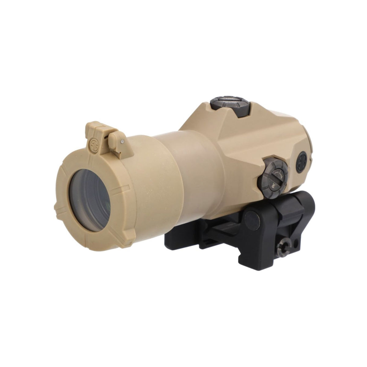 SIG Sauer JULIET4 4x magnifier flat dark earth front three-quarter view on the PowerCam mount