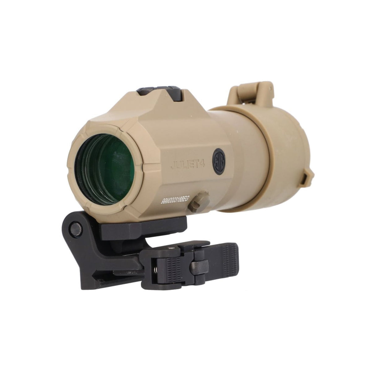 SIG Sauer JULIET4 4x magnifier flat dark earth front view showing the objective lens on the PowerCam mount