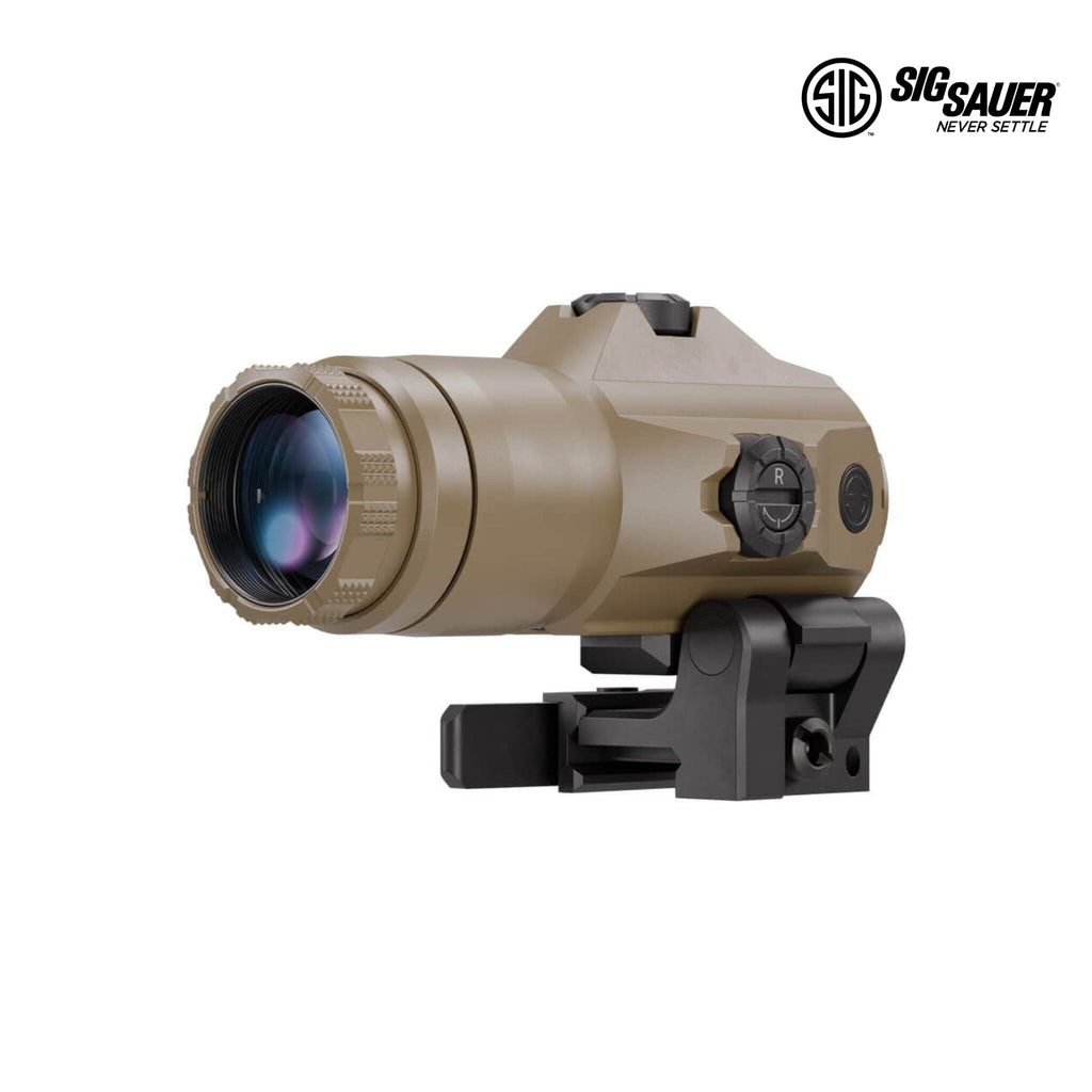 SIG Sauer JULIET4 4x magnifier powercam quick release mount in flat dark earth, close-up product view