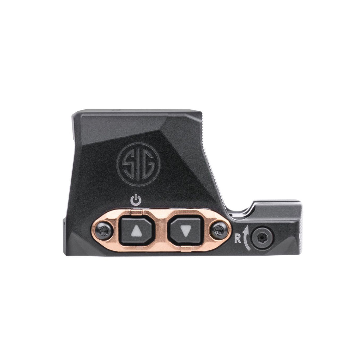 SIG Sauer ROMEO-X Compact Rose red dot sight side view showing the rose gold buttons