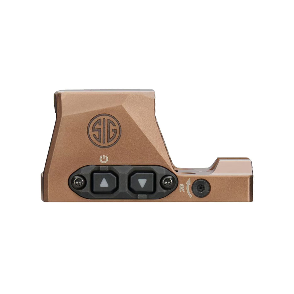 SIG Sauer ROMEO-X Pro FDE red dot sight side view showing the brightness buttons