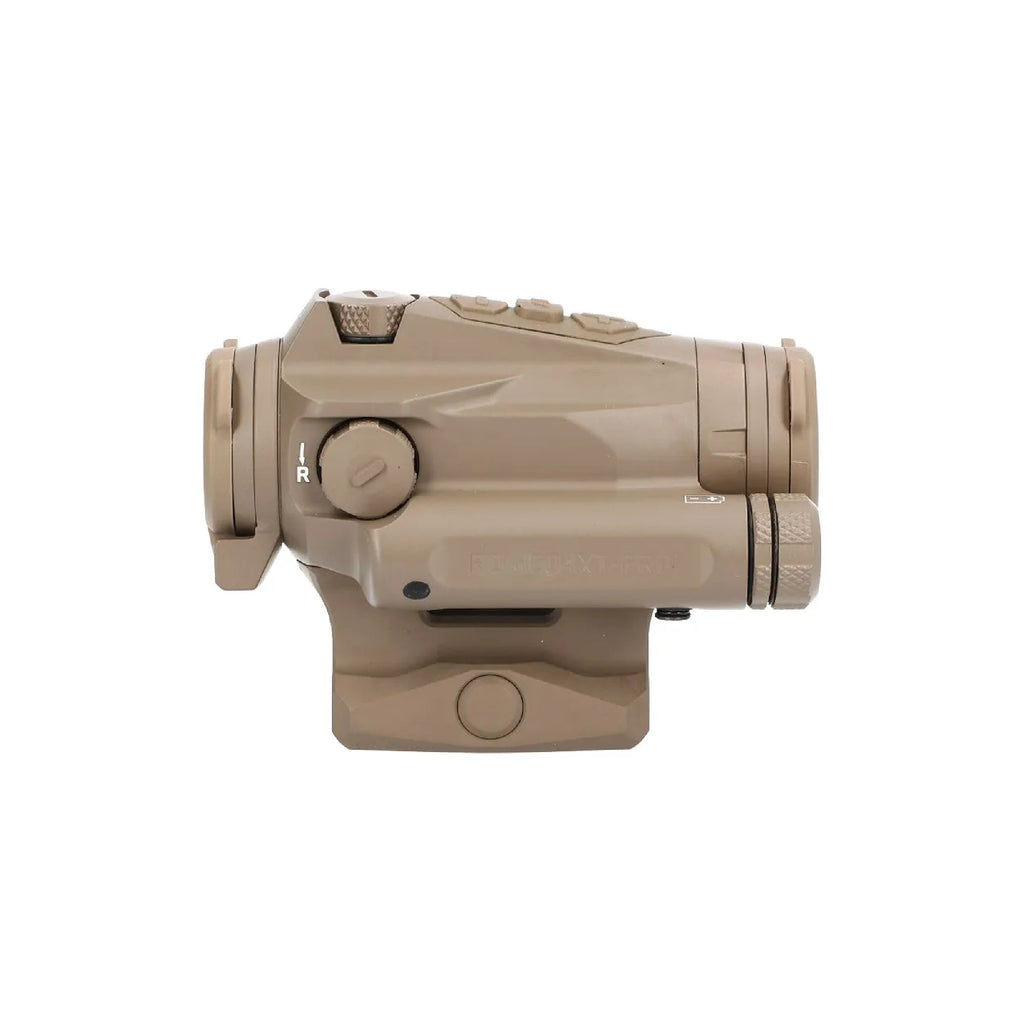 SIG Sauer ROMEO4XT-PRO red dot sight flat dark earth side view from the right showing the turret