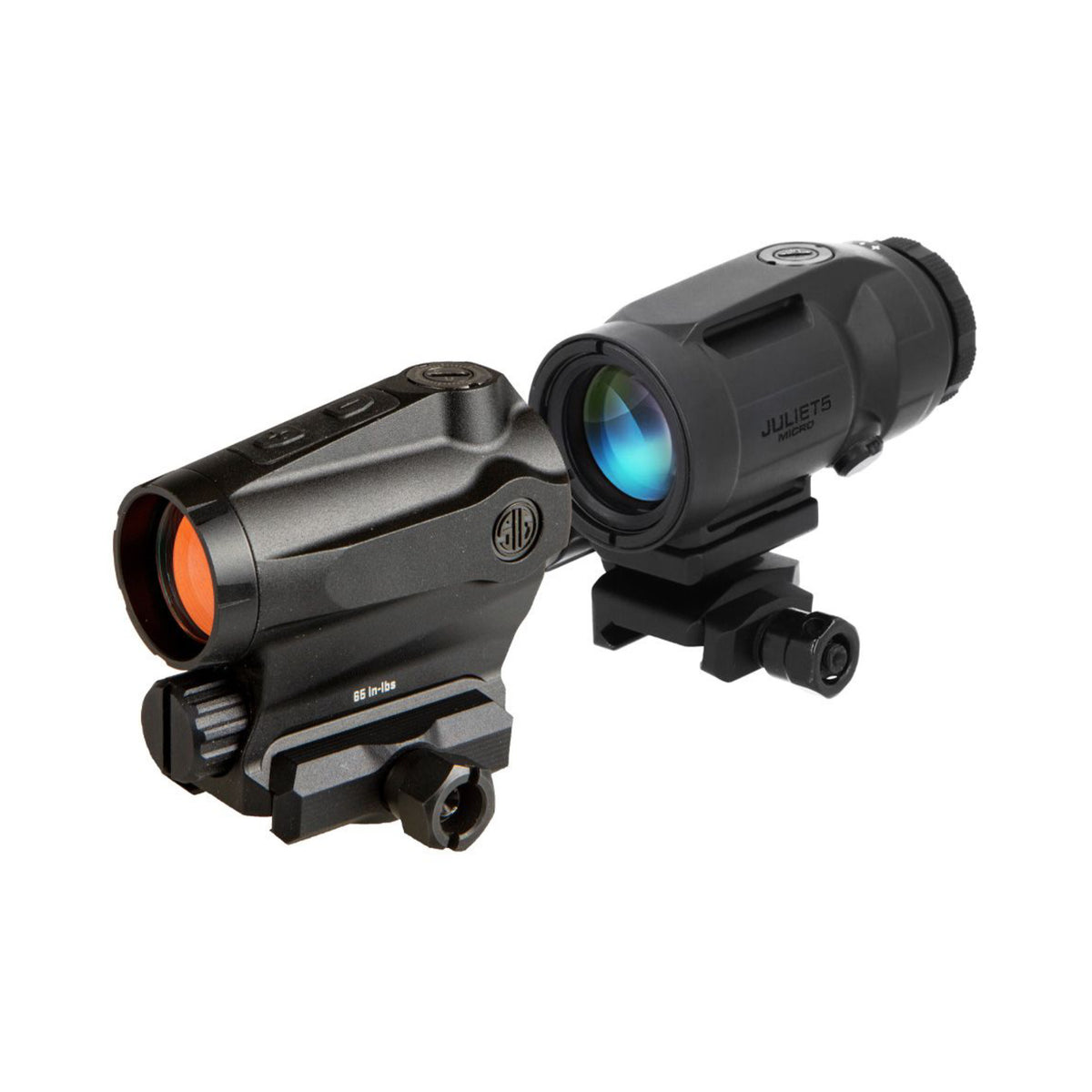 SIG Sauer ROMEO5XDR Gen II red dot sight and JULIET5 Micro magnifier front three-quarter view