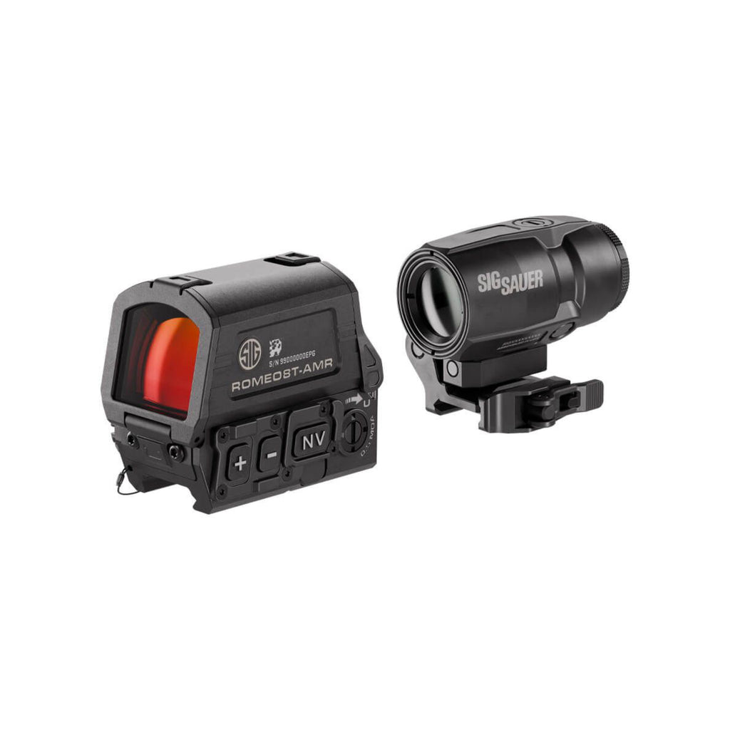 SIG Sauer ROMEO8T-AMR red dot sight with magnifier behind, side view
