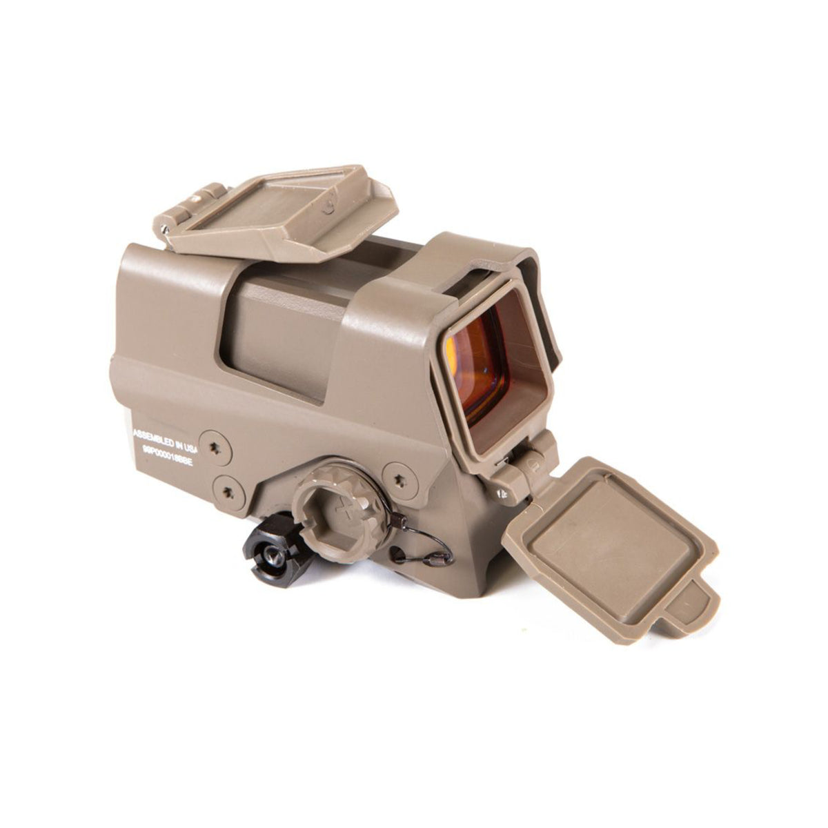 SIG Sauer ROMEO8T red dot sight flat dark earth front three-quarter view with the lens cover open