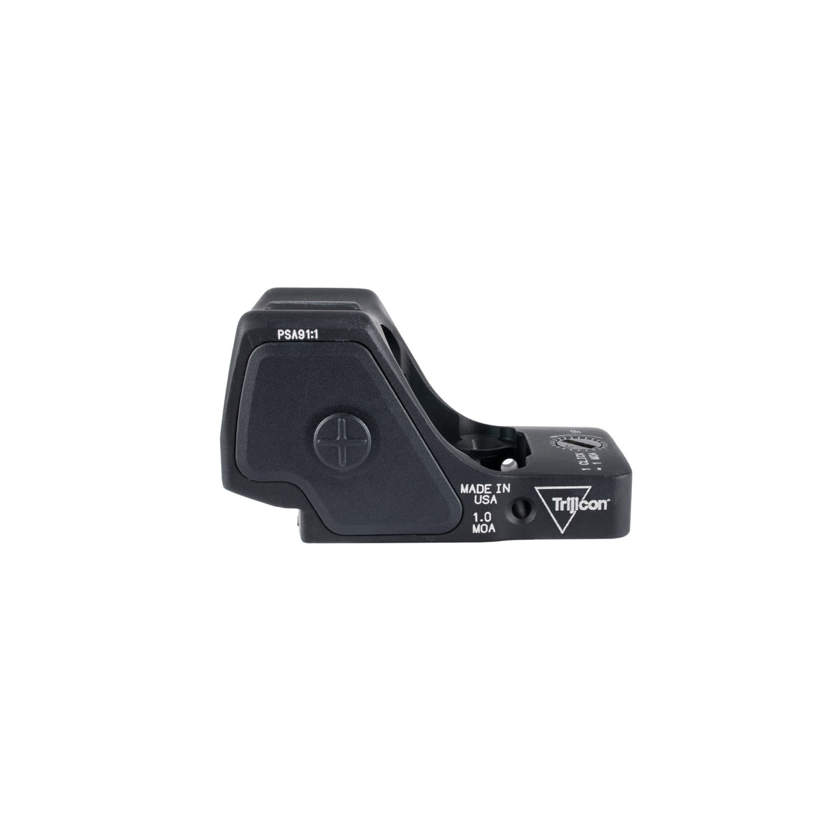 Trijicon RMR HD 55 MOA circle 1 MOA dot red dot sight side view showing the Trijicon logo