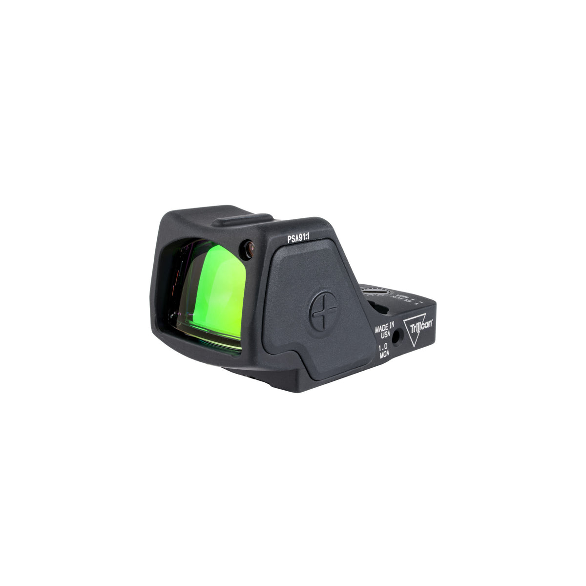 Trijicon RMR HD 55 MOA circle 1 MOA dot red dot sight front three-quarter view showing the lens