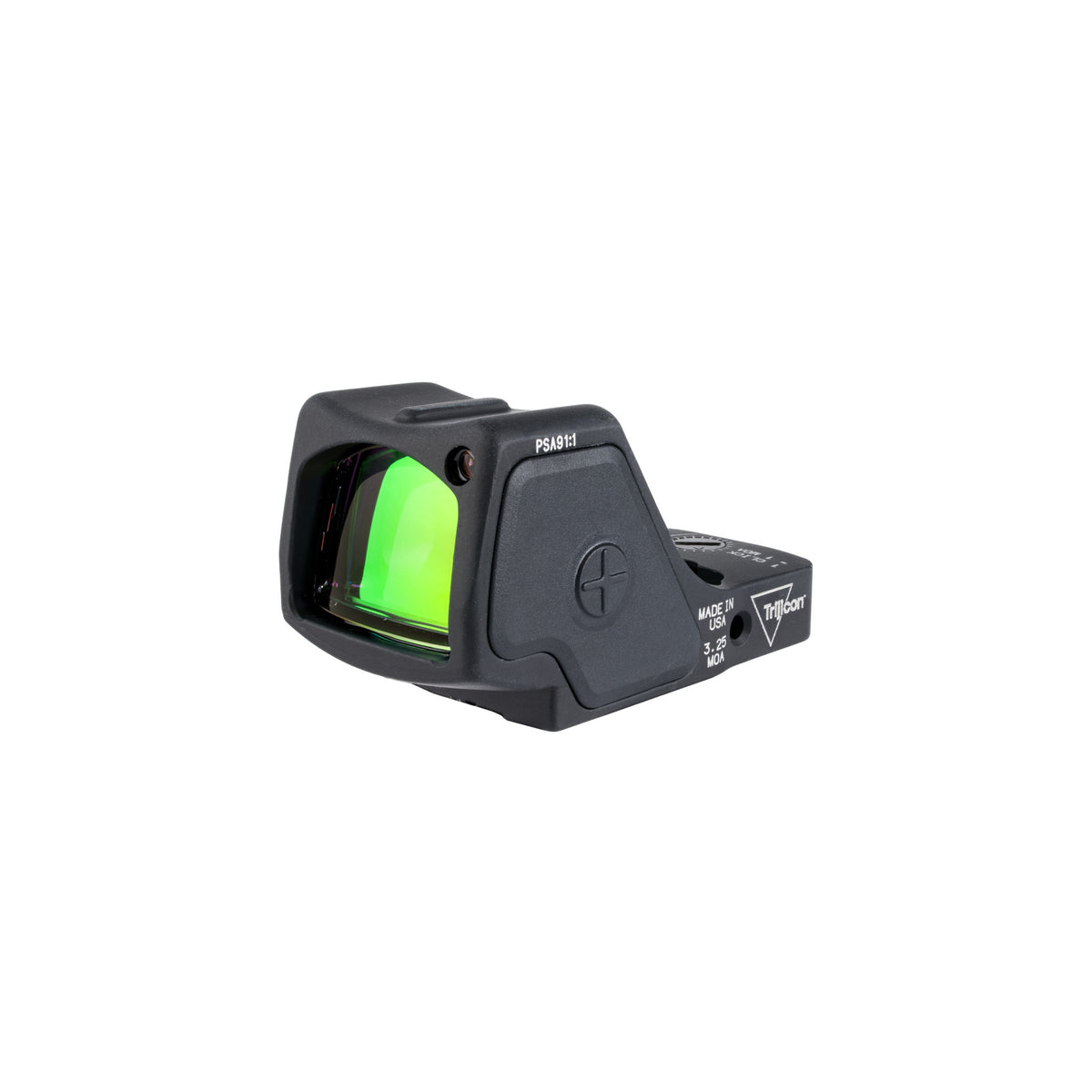 Trijicon RMR HD 55 MOA circle 3.25 MOA dot red dot sight angled front view with lens reflection