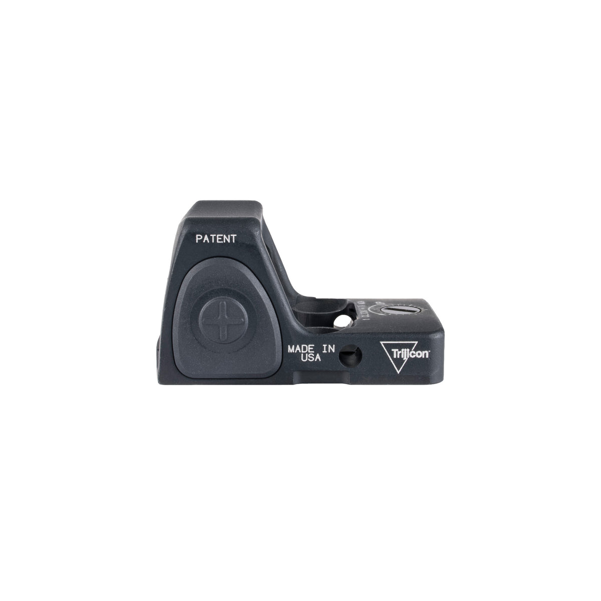 Trijicon RMR Type 2 3.25 MOA green dot sight side view showing the Trijicon logo