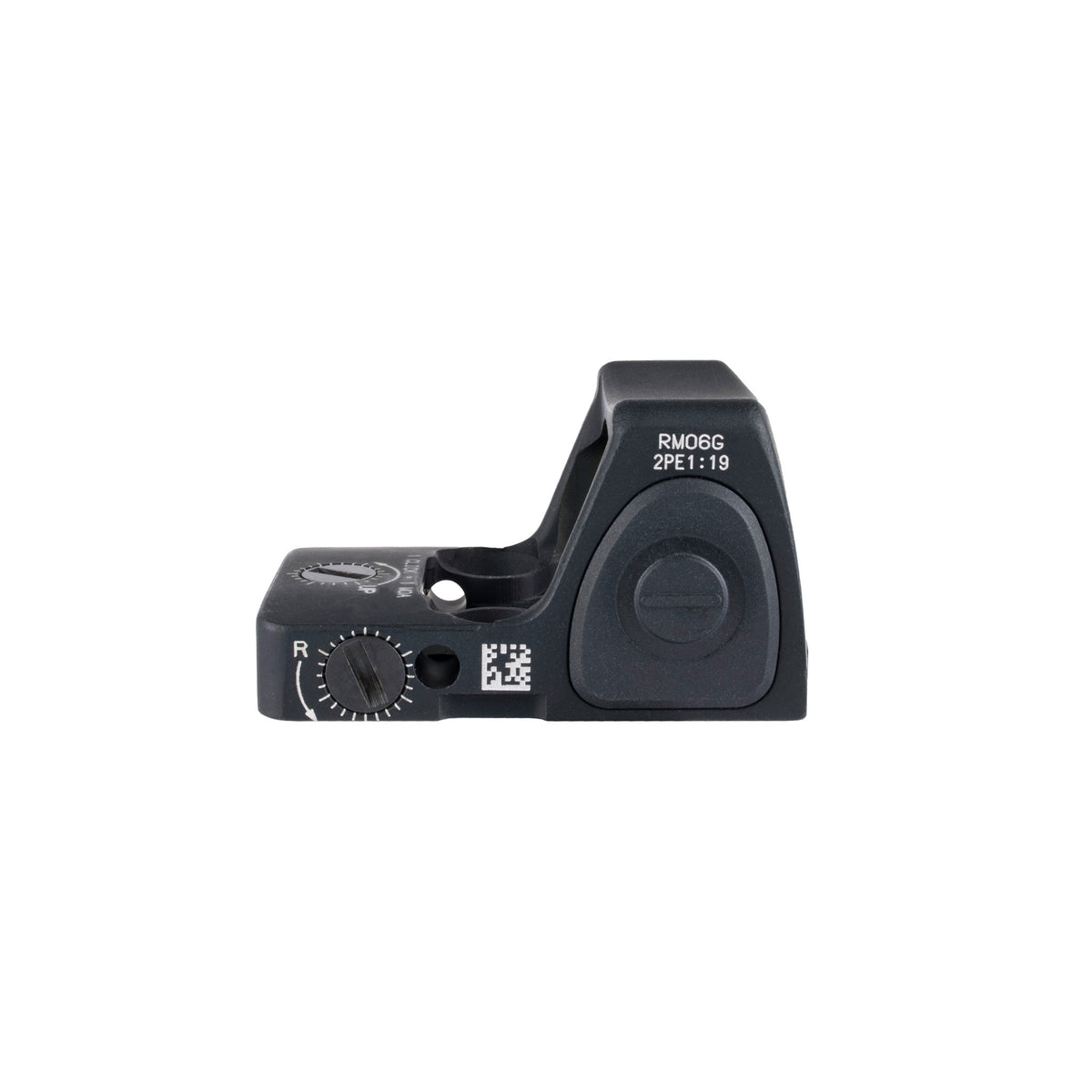 Trijicon RMR Type 2 3.25 MOA green dot sight side view showing the battery cover