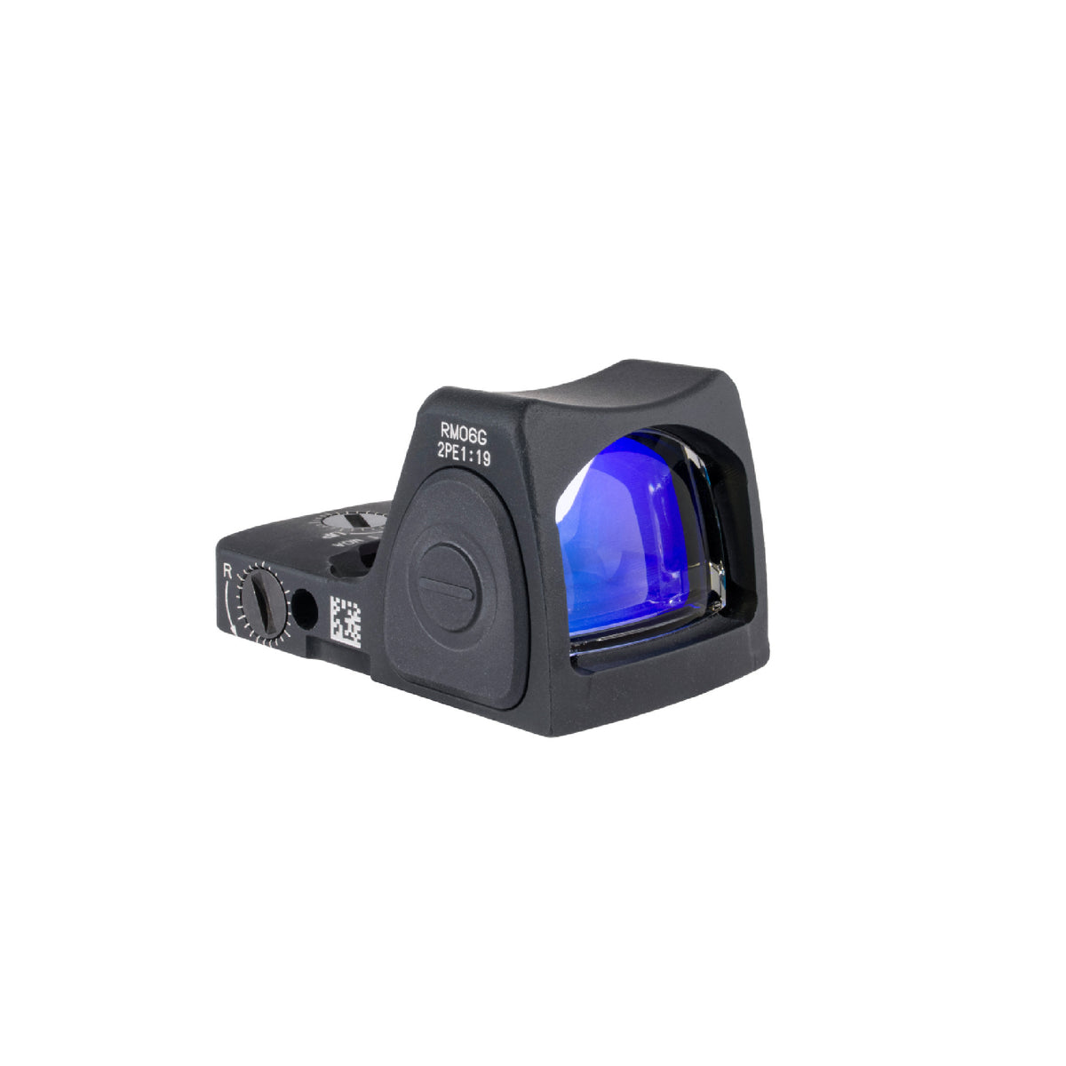 Trijicon RMR Type 2 3.25 MOA green dot sight angled front view from the left with lens reflection