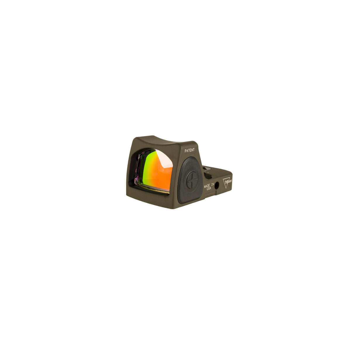 Trijicon RMR Type 2 1.0 MOA red dot sight olive drab green front three-quarter view showing the lens coating