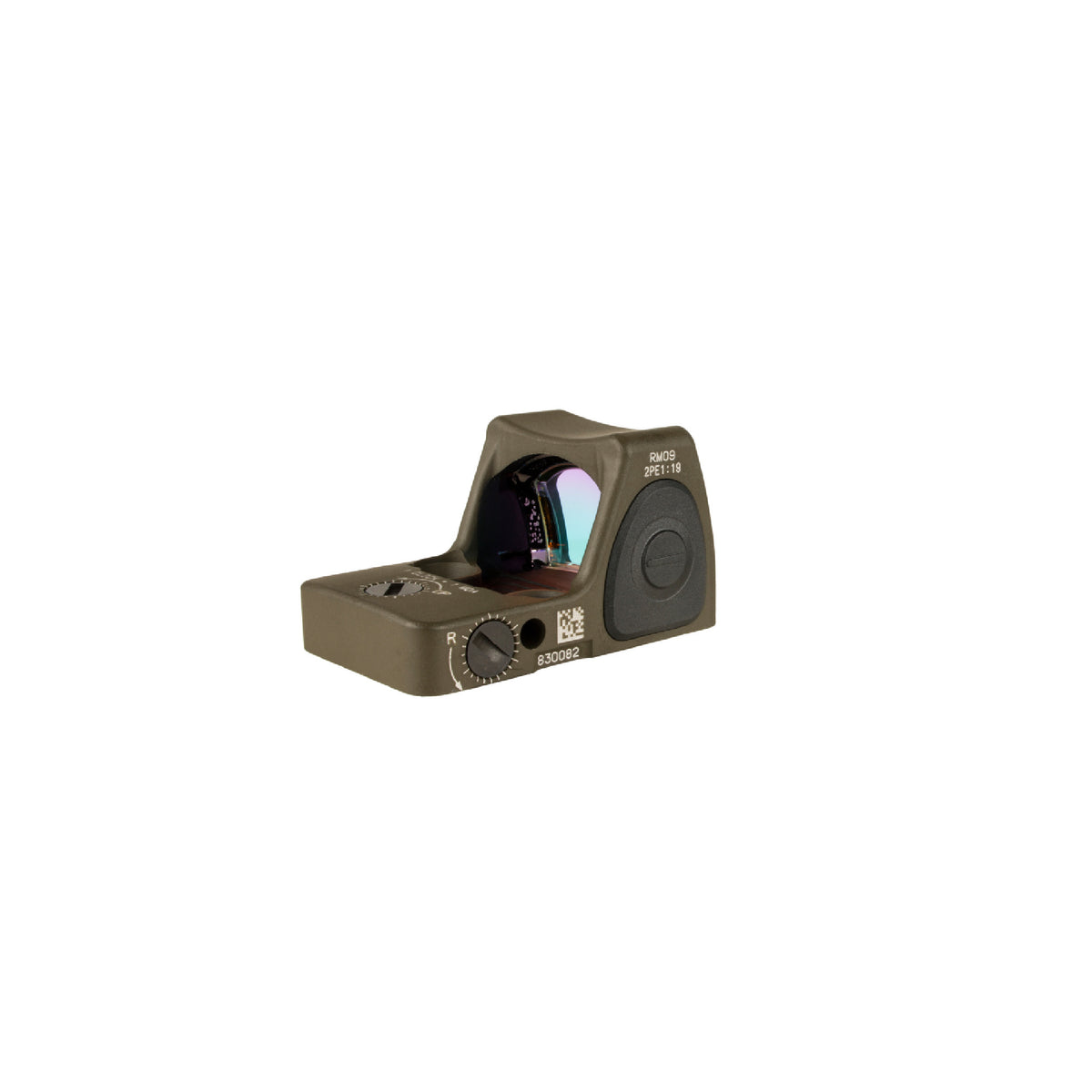 Trijicon RMR Type 2 1.0 MOA red dot sight olive drab green three-quarter view from the right showing the lens coating