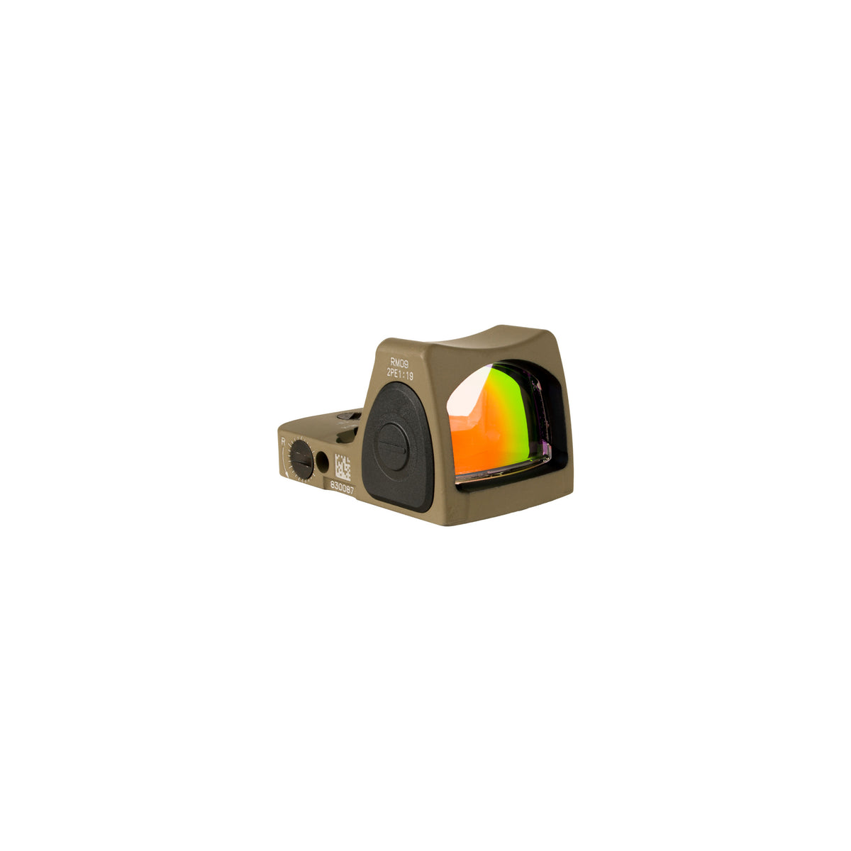 Trijicon RMR Type 2 1.0 MOA red dot sight flat dark earth three-quarter view from the right showing the lens coating