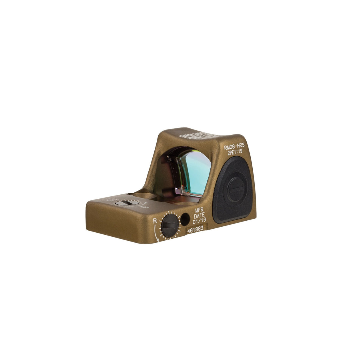Trijicon RMR Type 2 3.25 MOA red dot sight coyote brown front three-quarter view from the left
