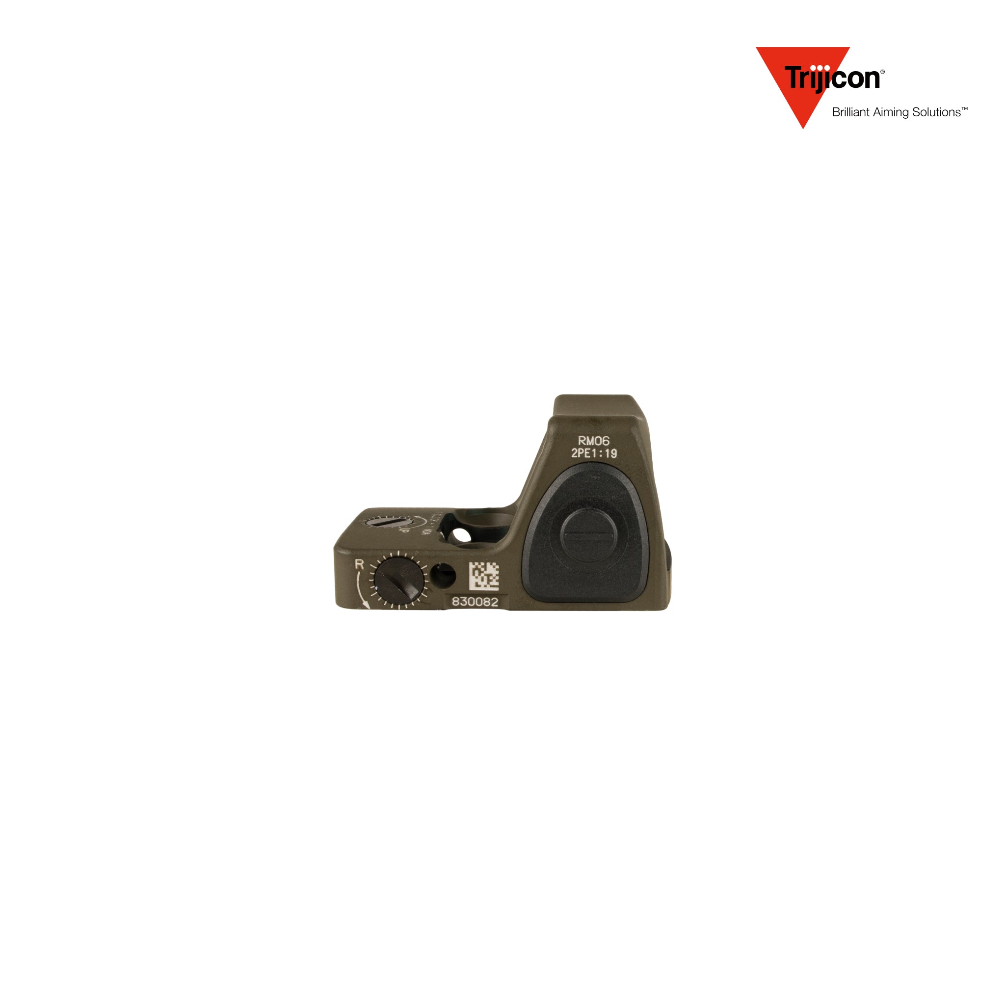Trijicon RMR Type 2 red dot sight 3.25 MOA adjustable dot reticle in olive drab green, close-up product view