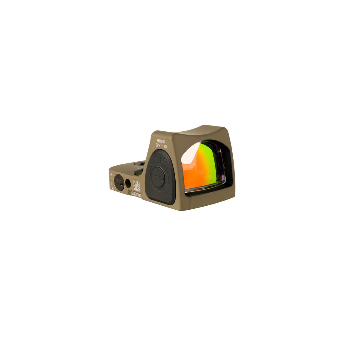 Trijicon RMR Type 2 3.25 MOA red dot sight flat dark earth front three-quarter view showing the lens coating
