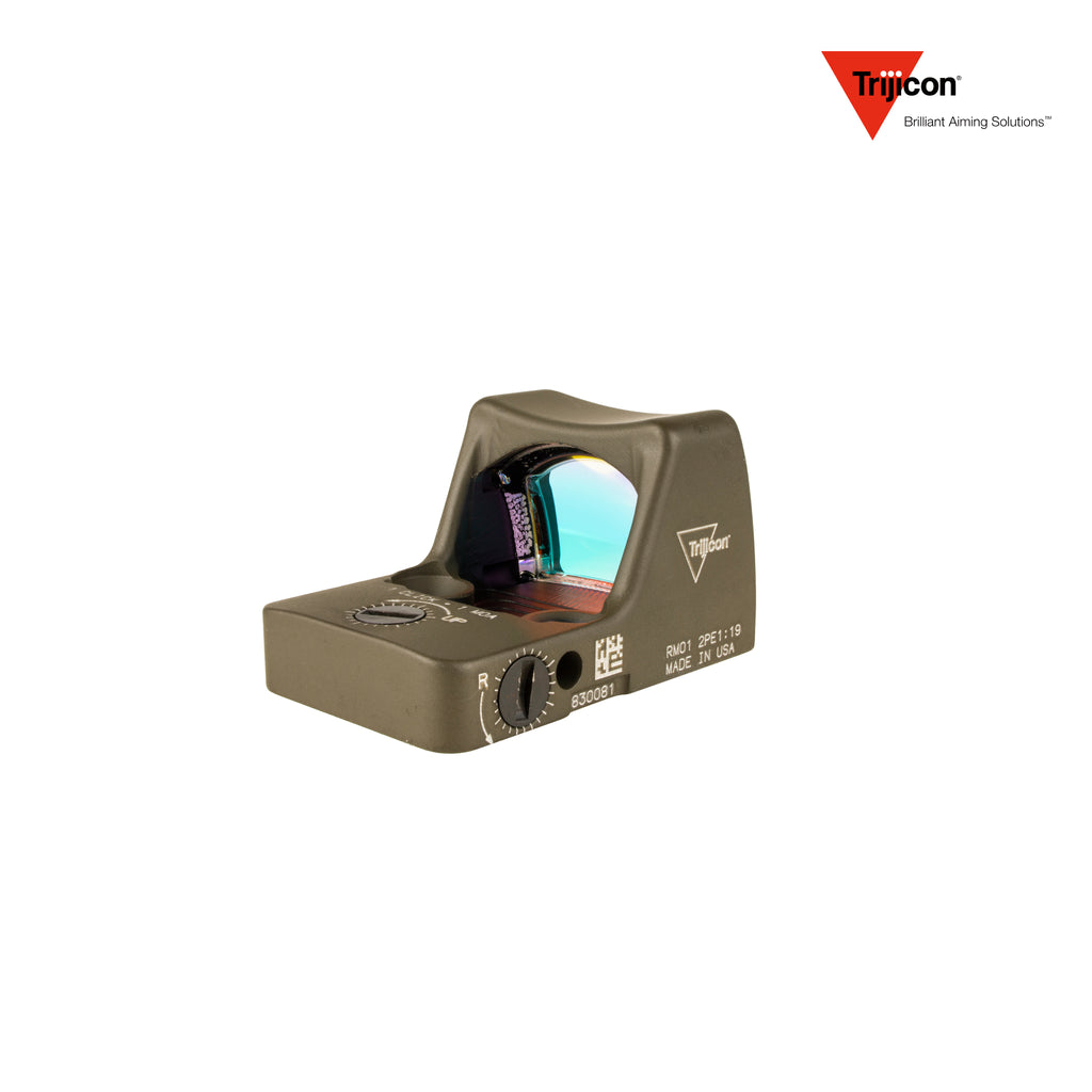Trijicon RMR Type 2 red dot sight 3.25 MOA dot reticle in olive drab green, an open-emitter reflex optic for pistol use