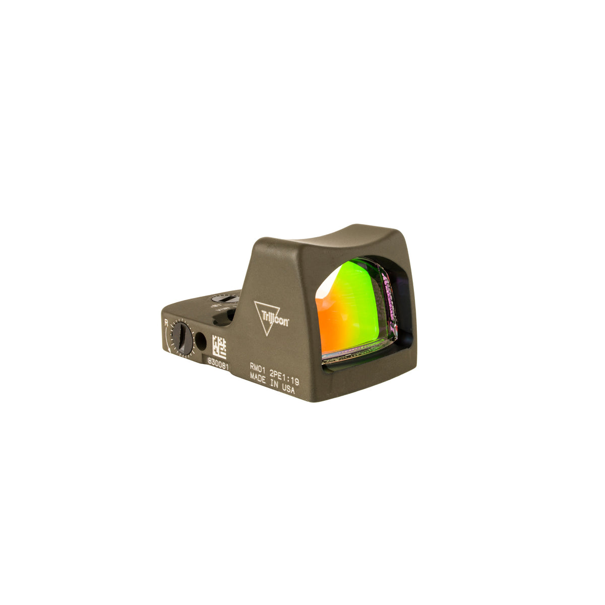 Trijicon RMR Type 2 3.25 MOA red dot sight olive drab green front three-quarter view showing the lens coating