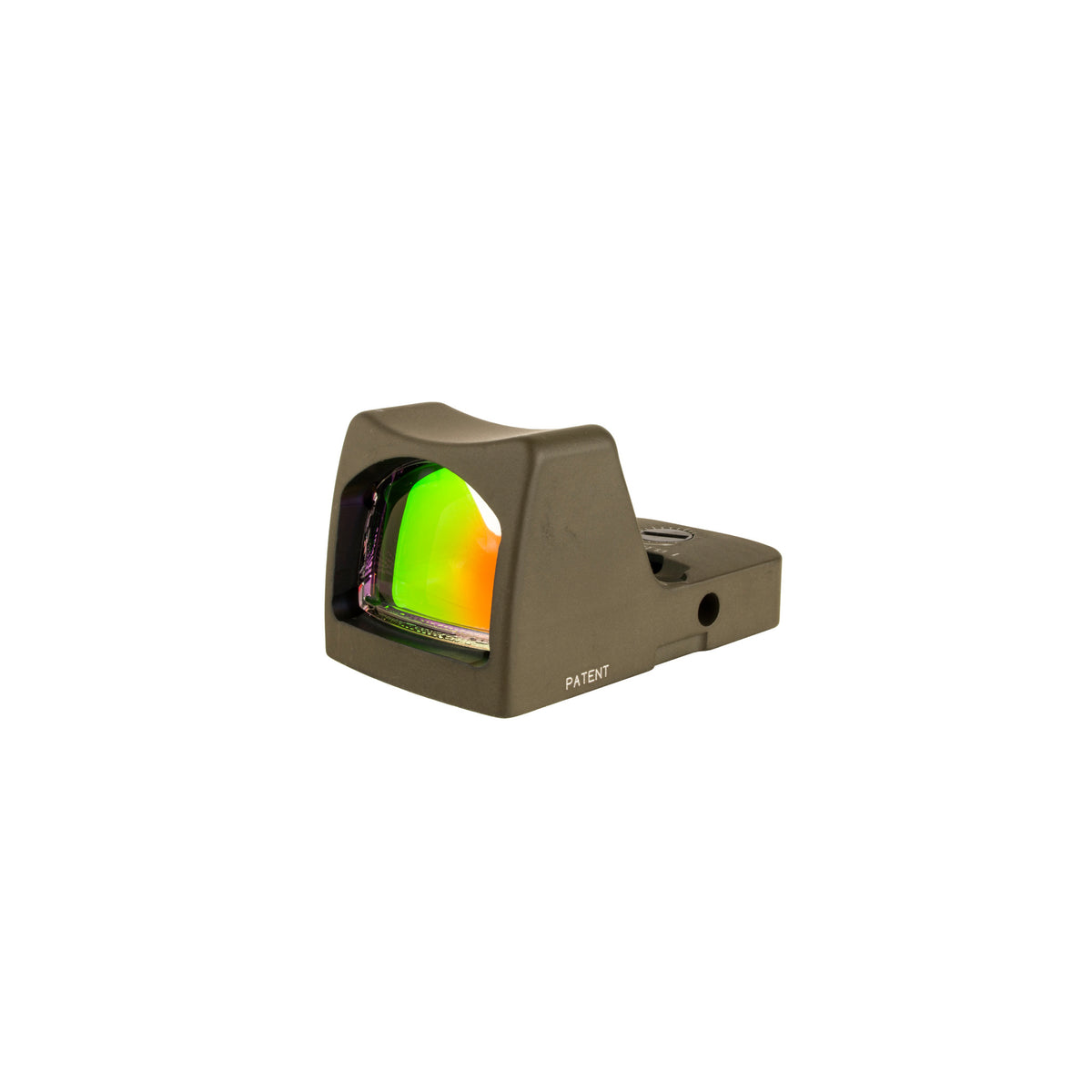 Trijicon RMR Type 2 3.25 MOA red dot sight olive drab green close three-quarter view showing the lens coating