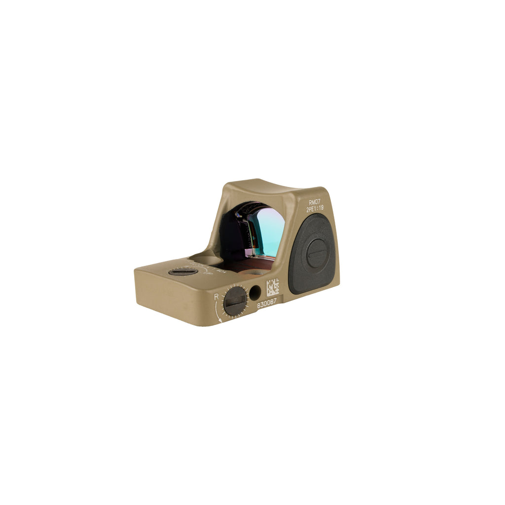 Trijicon RMR Type 2 6.5 MOA red dot sight flat dark earth three-quarter view from the right showing the lens coating