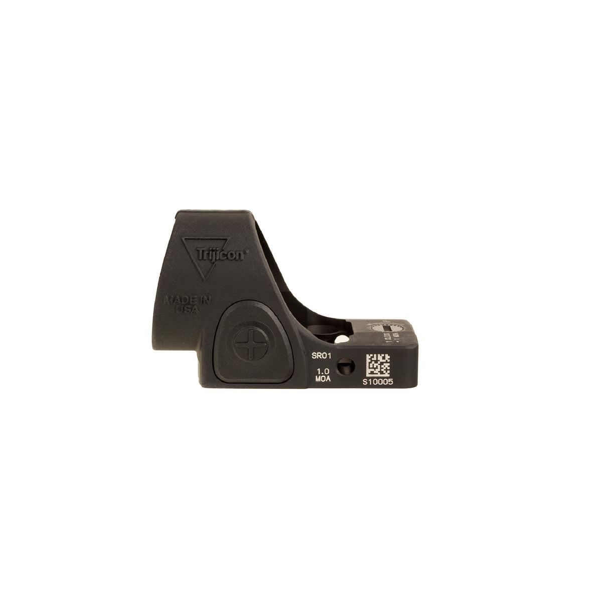 Trijicon SRO 1 MOA red dot sight side view showing the battery compartment