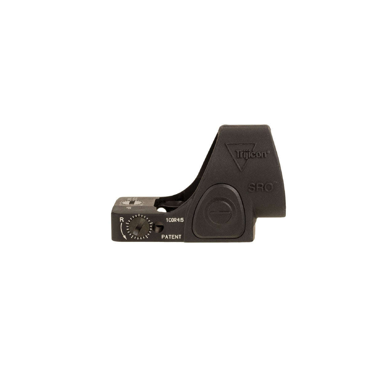 Trijicon SRO 2.5 MOA red dot sight side view showing the Trijicon logo