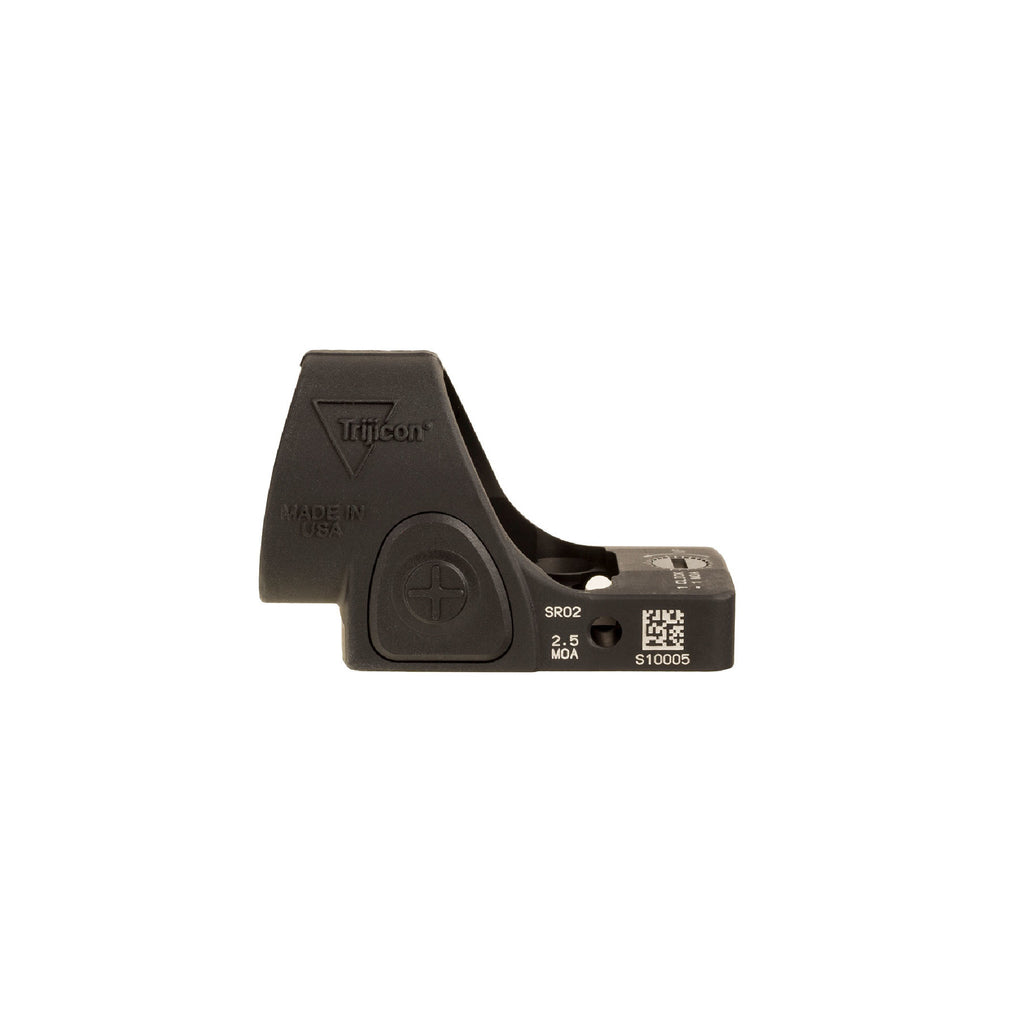Trijicon SRO 2.5 MOA red dot sight side view showing the battery compartment