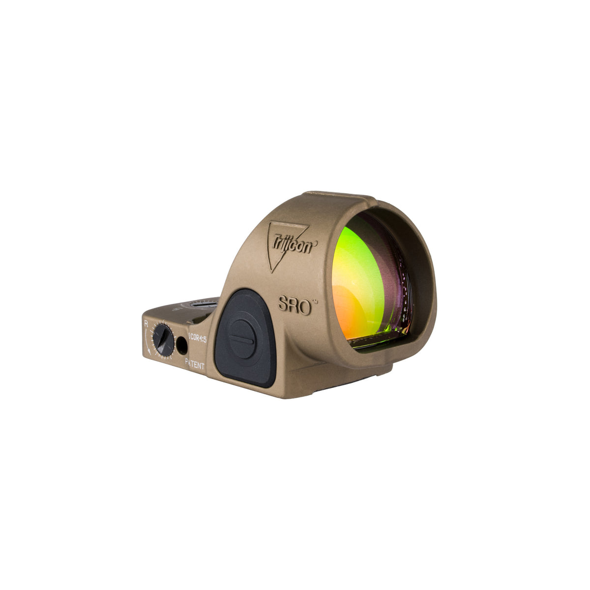 Trijicon SRO 2.5 MOA red dot sight coyote brown front three-quarter view showing the lens coating
