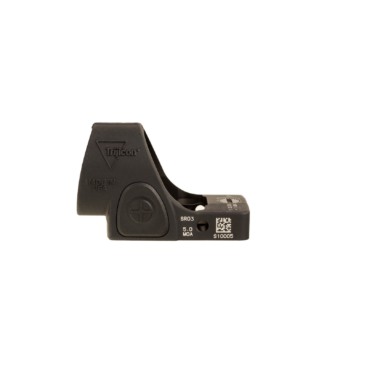 Trijicon SRO 5 MOA red dot sight side view showing the Trijicon logo