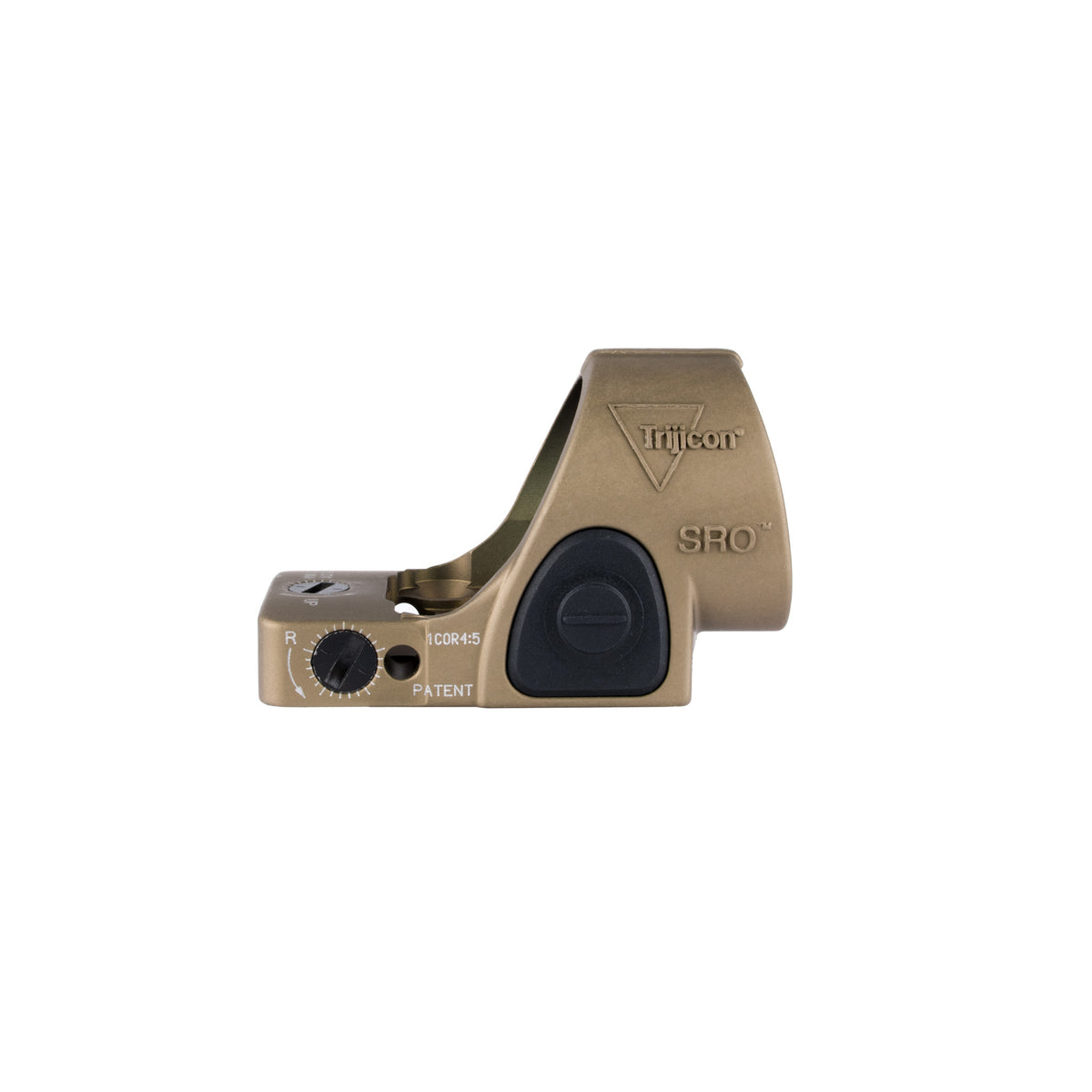 Trijicon SRO 5.0 MOA red dot sight coyote brown side view showing the buttons